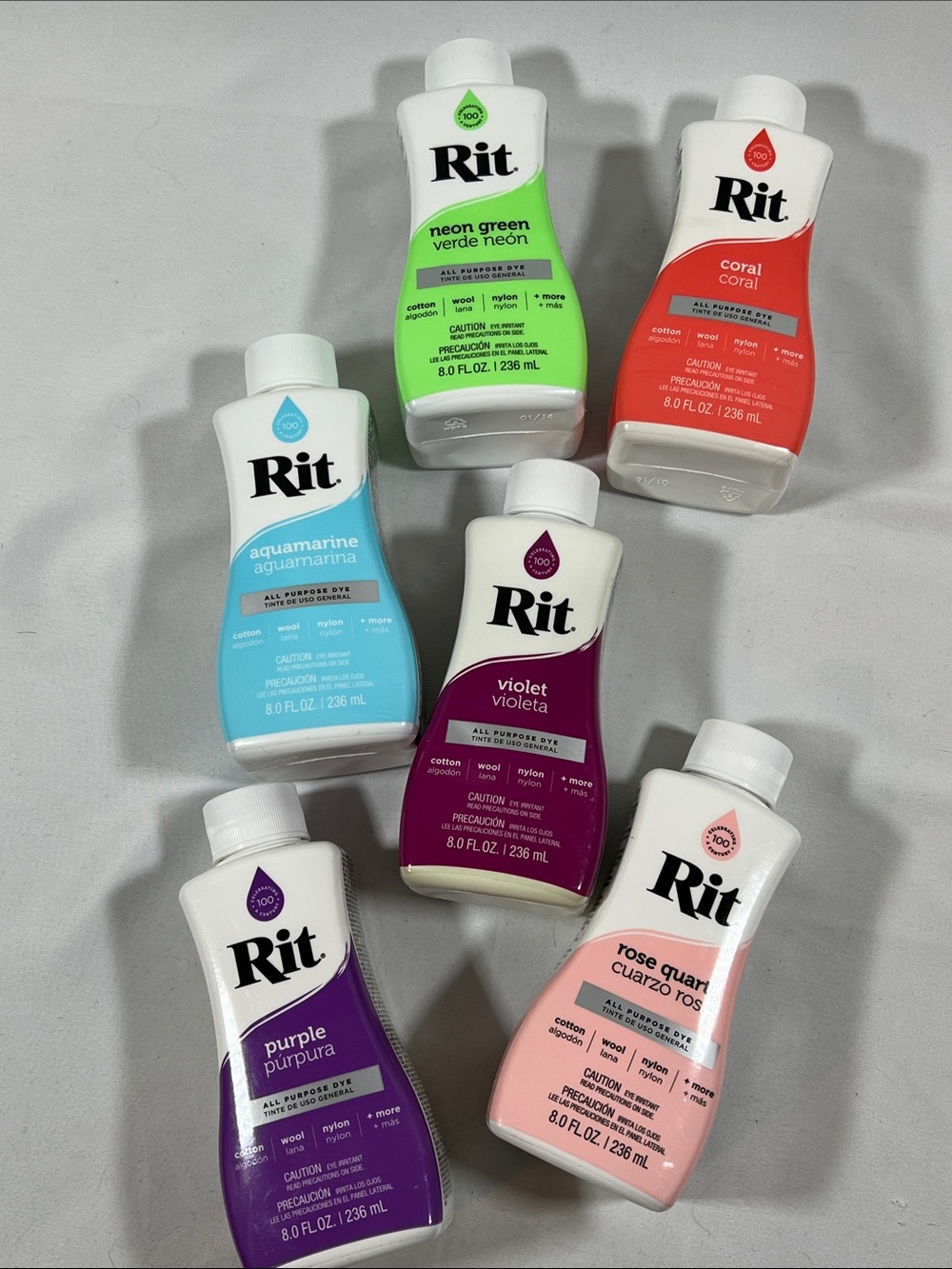 Rit All Purpose Tie Dye lot of 6 Aqua Coral Purple Neon Green Violet Rose Pink